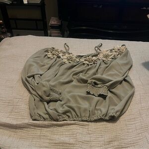 Chic Floral Embellished Blouse in Soft Green